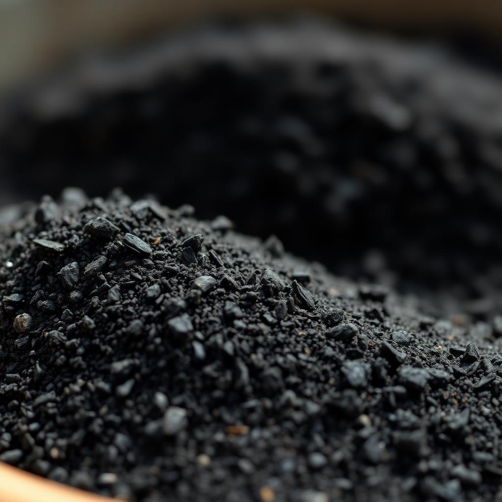 Residu arang batok kelapa hasil ayakan, butiran hitam halus, produksi PT Coconut Shell Charcoal Indonesia Magelang